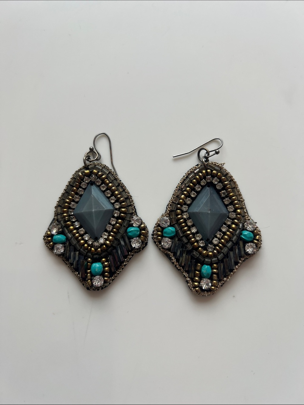 Turquoise & Gunmetal Beaded Drop Earrings